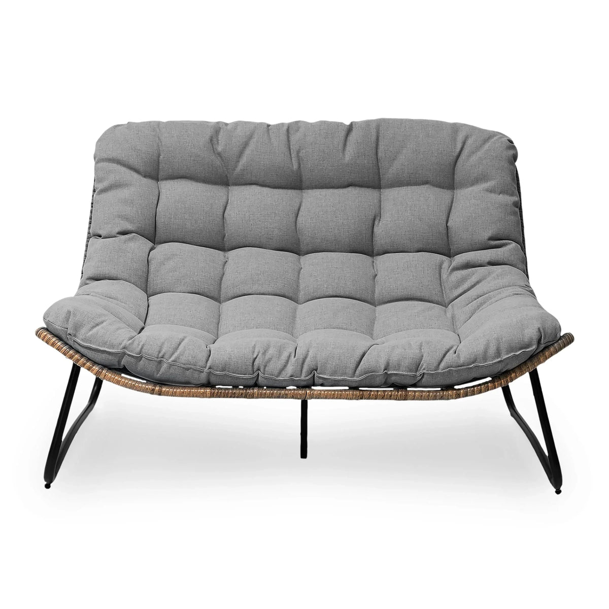 Causeuse double Papasan avec coussin, rotin PE tout temps et cadre en métal pour l'intérieur et l'extérieur