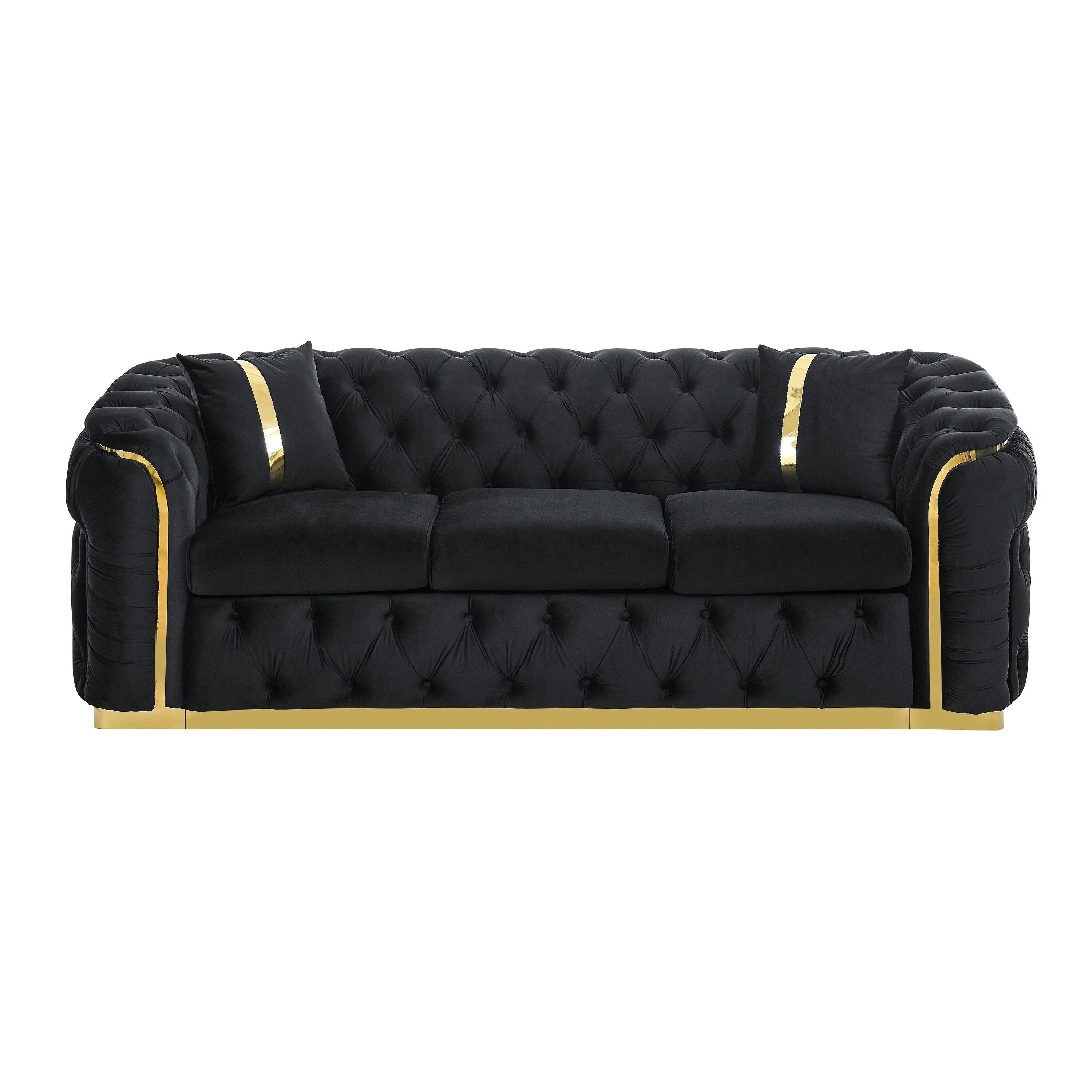 Canapé 3 places Velvet 90,6 po avec 2 oreillers, coussins haute densité, accents dorés et oreillers