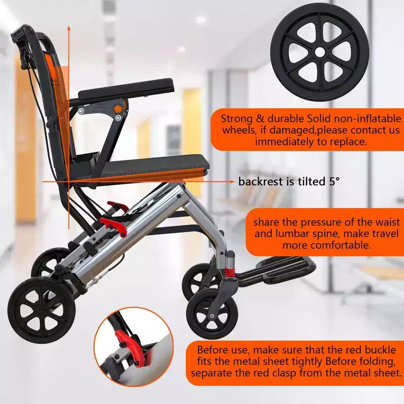 Fauteuil roulant de transport ultra-léger pour personnes âgées, fauteuil de transport pliable et portable, avec frein à main verrouillable et accoudoirs escamotables amovibles