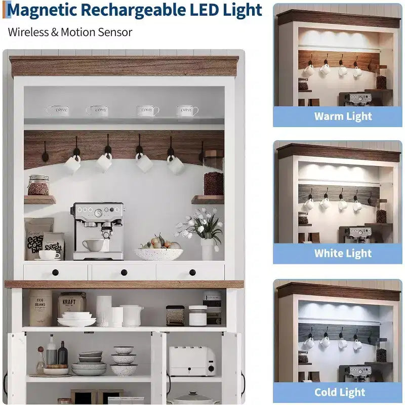 Meuble de bar à café de style ferme de 72 po de haut avec lumières LED, buffet de cuisine avec portes et tiroir, étagères réglables, rangement spacieux