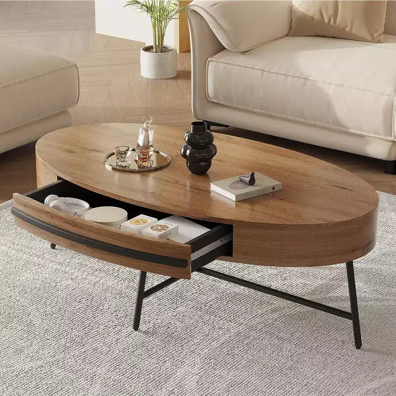 Table basse ovale Acekool avec tiroir, table de rangement en bois 120 cm avec pieds en métal croisés, table basse de style moderne du milieu du siècle en saule naturel et doré