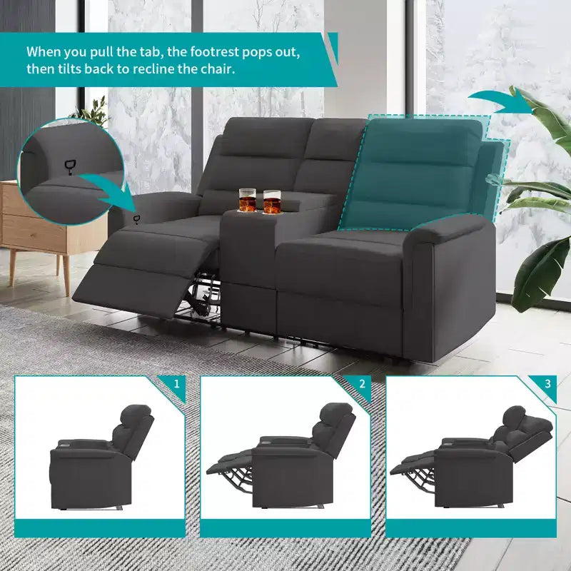 Canapé inclinable 2 places en tissu technique beige/gris, dossier et repose-pieds réglables