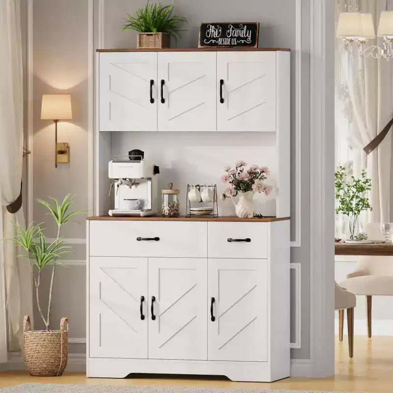 Meuble de cuisine de 71 pouces avec station de recharge, grand plan de travail, support à micro-ondes et 2 tiroirs, rangement de type « hutch » pour salle à manger et salon