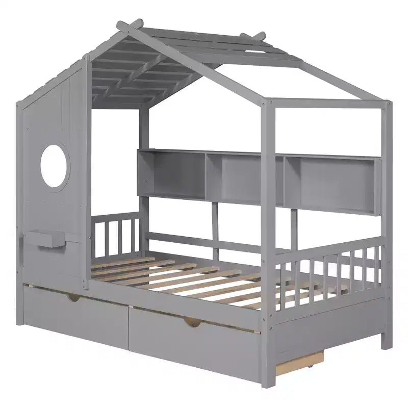 Lit cabane en bois double/complet avec 2 tiroirs, lit pour enfants avec étagère de rangement - ModernLuxe