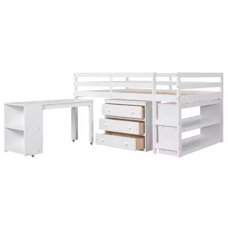 Lit bas mezzanine pleine grandeur avec bureau roulant, 3 tiroirs et étagères