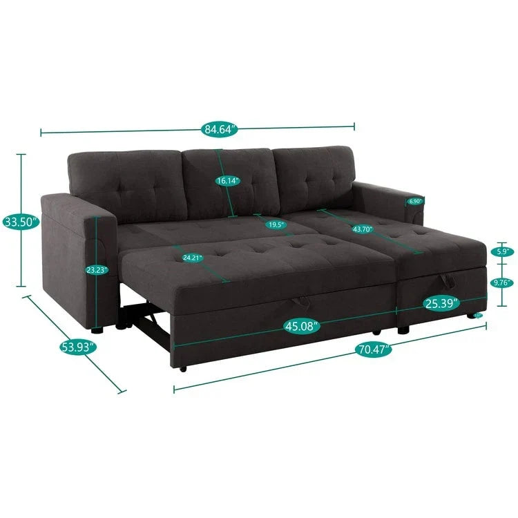 Canapé d'angle réversible convertible avec lit gigogne, méridienne de rangement et pieds durables