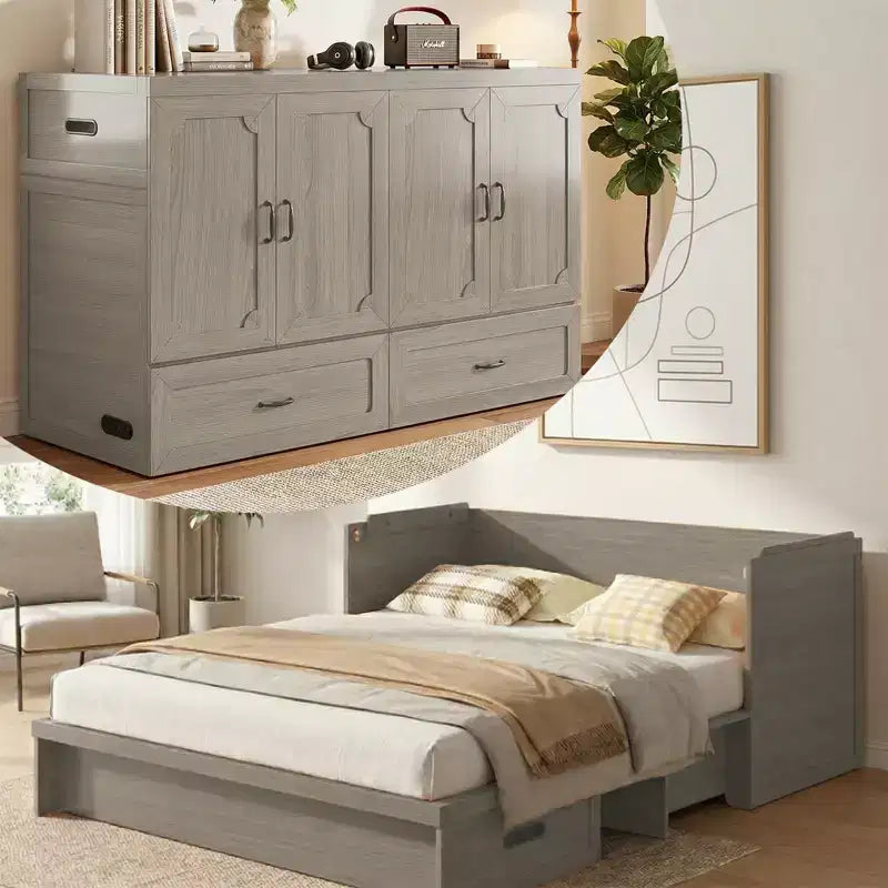 Lit escamotable convertible Queen Size Mjkone avec matelas, chargement USB, tiroirs de rangement