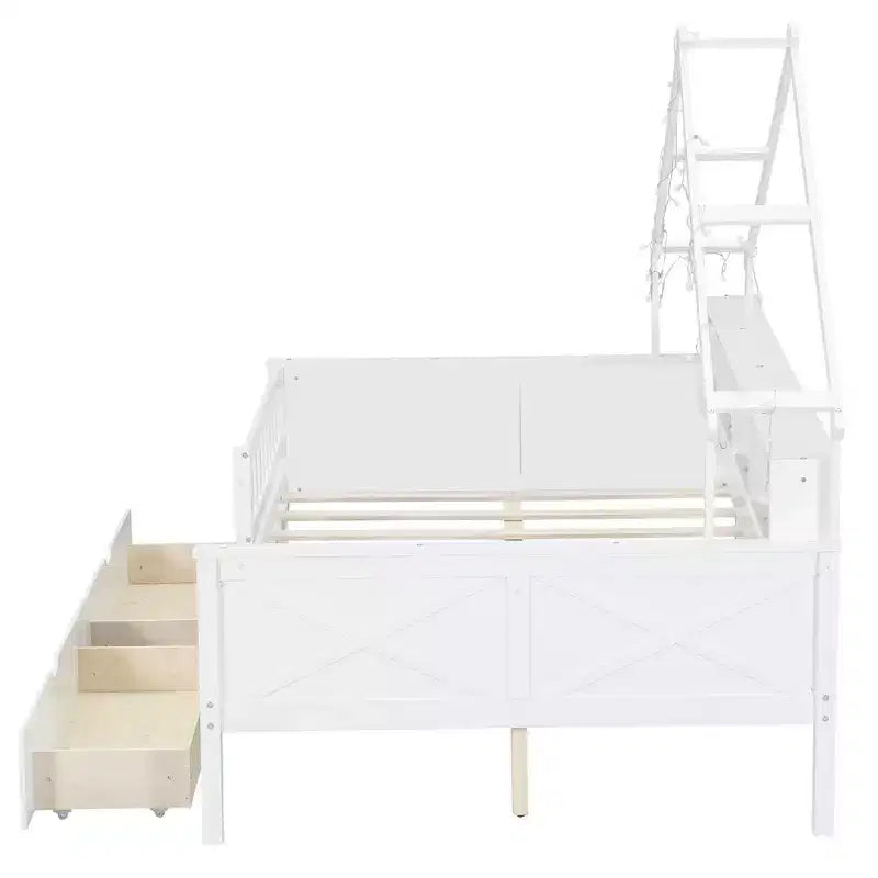 Cadre de lit maison pleine grandeur avec tiroirs, lit plate-forme maison avec lumières LED, étagères de rangement et tiroirs, lit de repos en bois avec toit et garde-corps