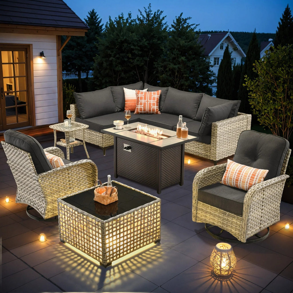 Ensemble de 9 chaises pivotantes en osier d'extérieur OVIOS avec table brasero