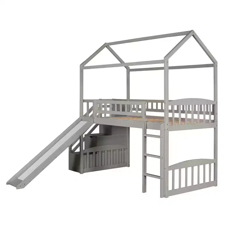 Lit mezzanine jumeau avec toboggan et escalier, lit mezzanine avec tiroirs de rangement, lit mezzanine cabane en bois pour enfants et tout-petits