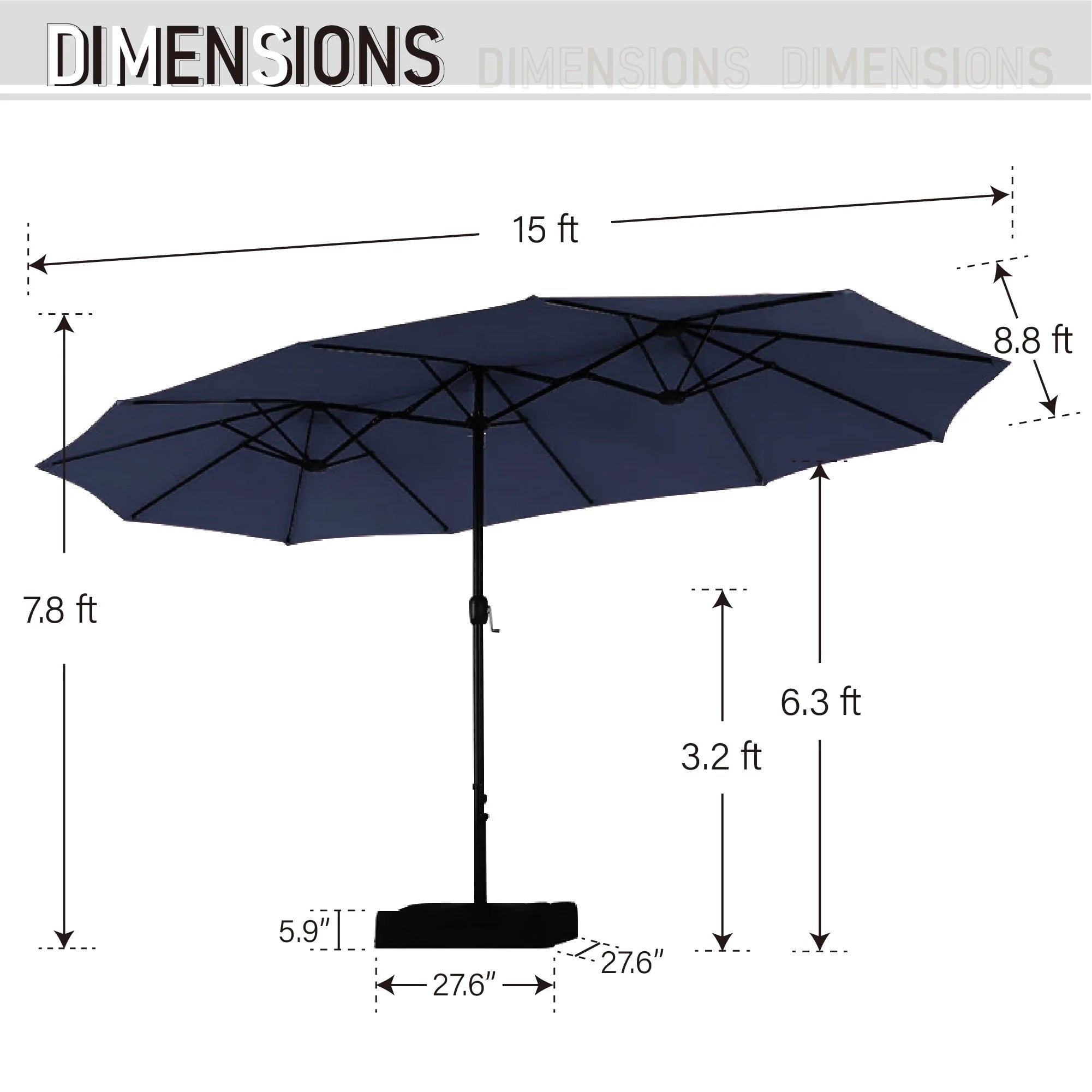 Parasol de marché extérieur rectangulaire de 4,5 m avec manivelle, double face, lumières LED solaires et base incluse