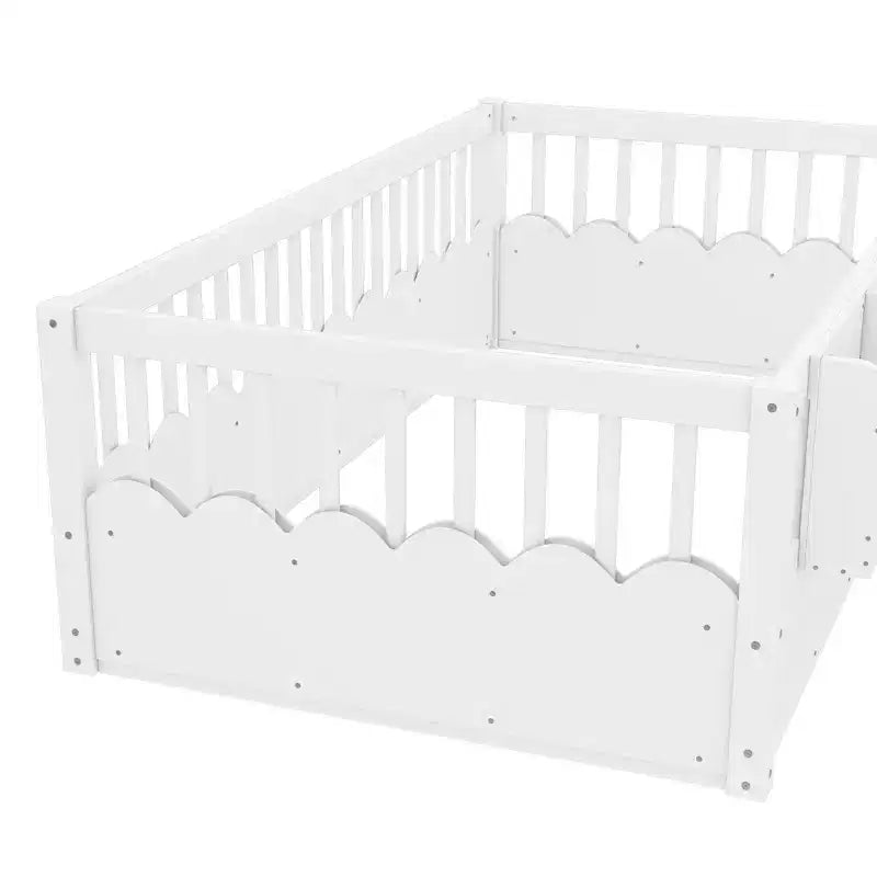 Lit d'enfant Bellemave avec clôture rehaussée et étagère, cadre de lit Montessori double en bois pour filles et garçons