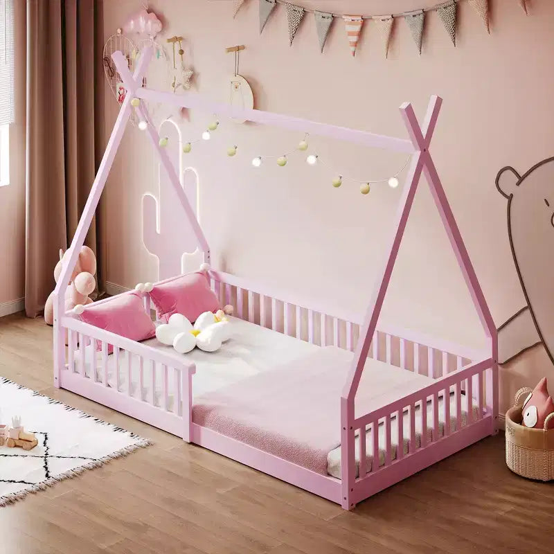 Lit de sol pour enfants, lits cabane doubles, lit de sol Montessori avec lattes et barrières de protection, cadre de lit cabane en bois pour garçons et filles