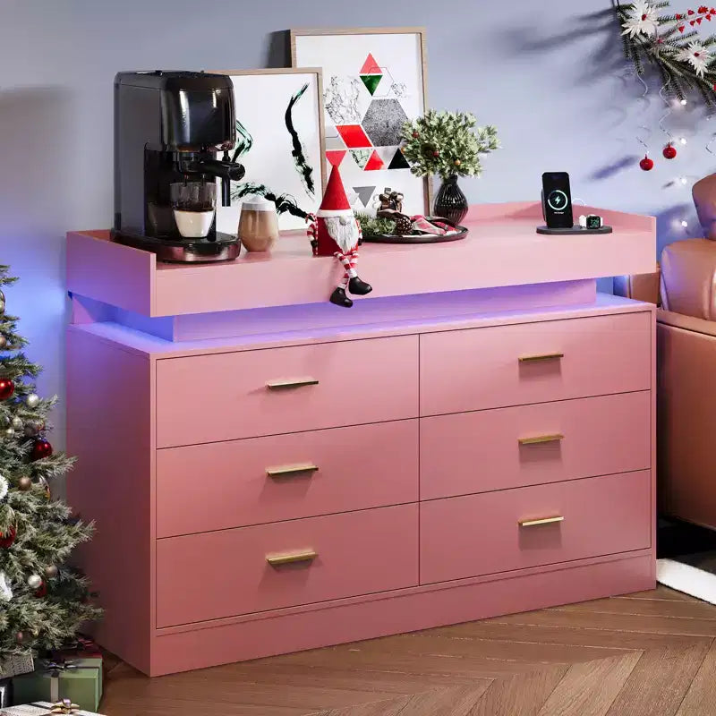 Meuble TV moderne avec 6 tiroirs et lumières LED, bar à café flottant pour centre de divertissement de salon