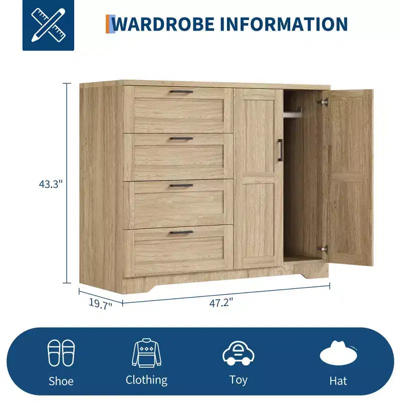 Armoire de chambre en bois de 110 cm (43,3 po) avec 4 tiroirs et tringle à vêtements, commode de rangement multifonctionnelle pour vêtements