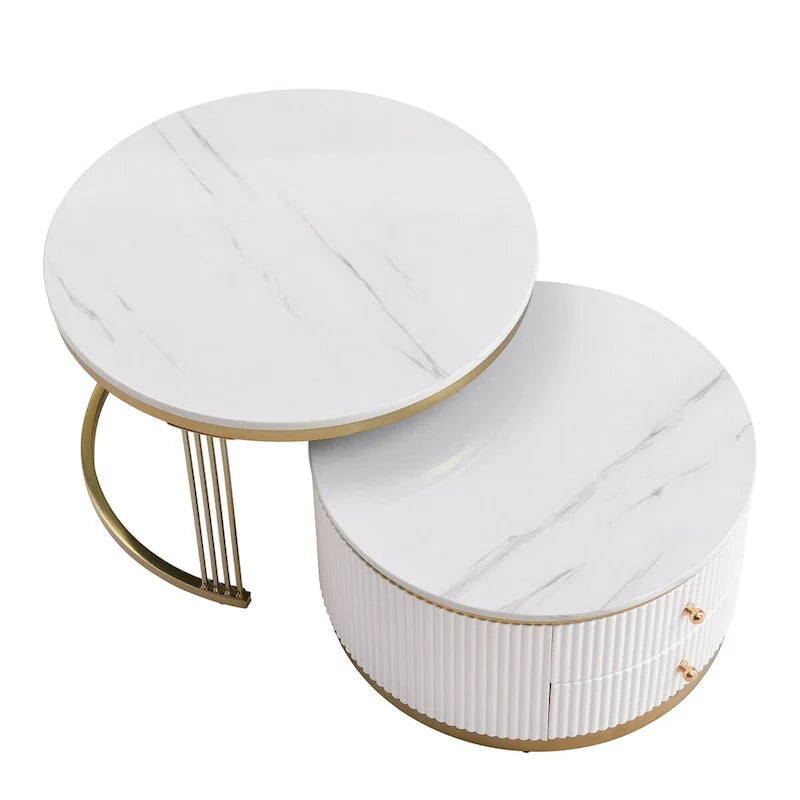 2 tables basses gigognes rondes blanches avec tiroirs