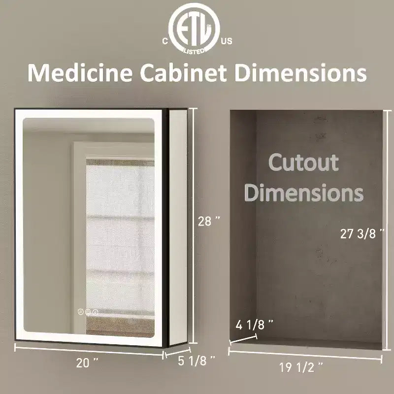 Armoire de toilette avec miroir LED, montage en saillie ou encastré, lumière dimmable, anti-buée, étagères réglables