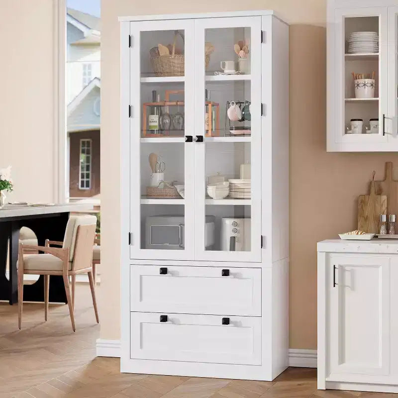 Vaisselier de cuisine de ferme avec portes vitrées, Armoire de rangement de 183 cm avec tiroirs et étagères réglables pour salle à manger, salle de bain, salon