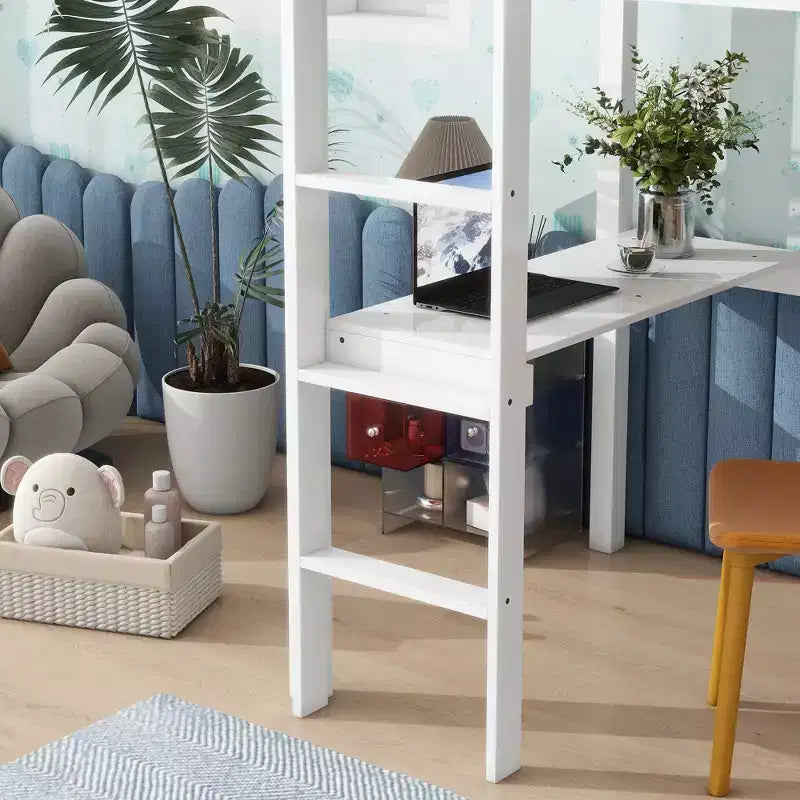 Lit mezzanine Okak Minimalism avec échelle, lit mezzanine simple en bois d'hévéa avec garde-corps de sécurité et bureau intégré, cadres de lit pour enfants, adolescents