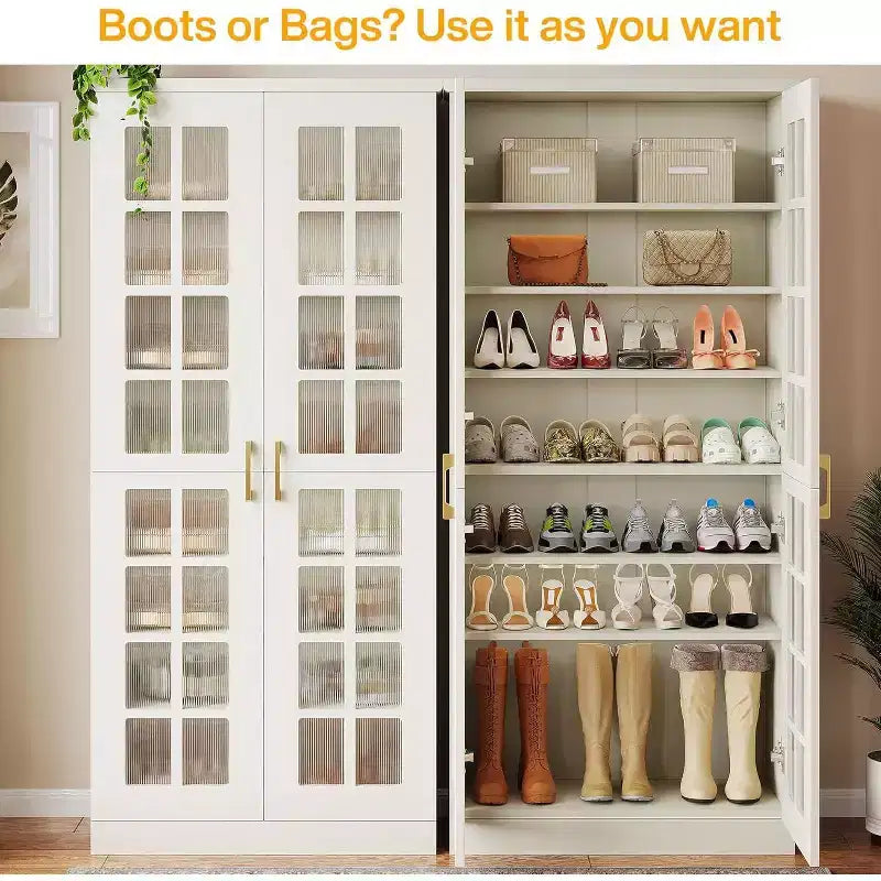 Meuble à chaussures haut Lantine avec portes, rangement à chaussures à 8 niveaux avec étagères réglables, armoire à chaussures moderne pour couloir, placard, salon, blanc