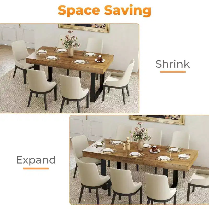 Zevemomo 63-78.7 Table de salle à manger extensible, Table de cuisine rectangulaire pour 6-10 personnes avec rail métallique, Pieds coniques en U pour salle à manger, bureau - Marron