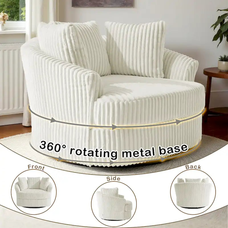 Lot de 2 fauteuils pivotants ronds surdimensionnés en velours côtelé moelleux de 43 po de large avec oreillers