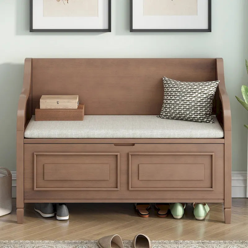 Banc de rangement rustique en bois massif pour entrée avec charnière de sécurité