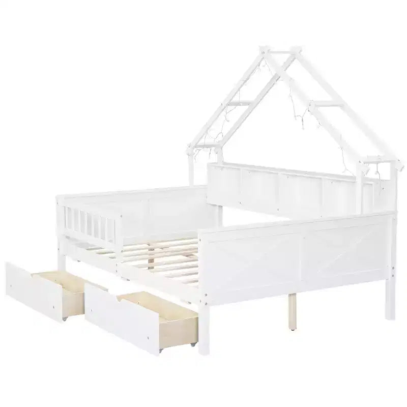Cadre de lit maison pleine grandeur avec tiroirs, lit plate-forme maison avec lumières LED, étagères de rangement et tiroirs, lit de repos en bois avec toit et garde-corps