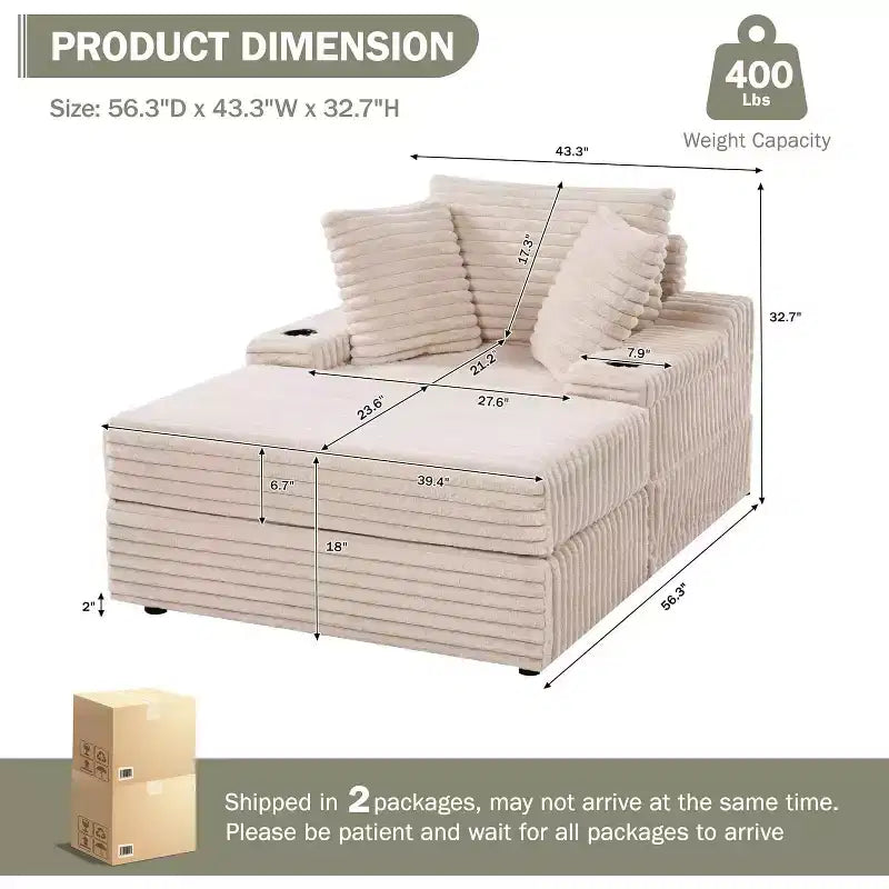 Chaise longue surdimensionnée d'intérieur avec pouf de rangement, canapé-lit en velours côtelé avec 3 oreillers, fauteuil de canapé convertible une place