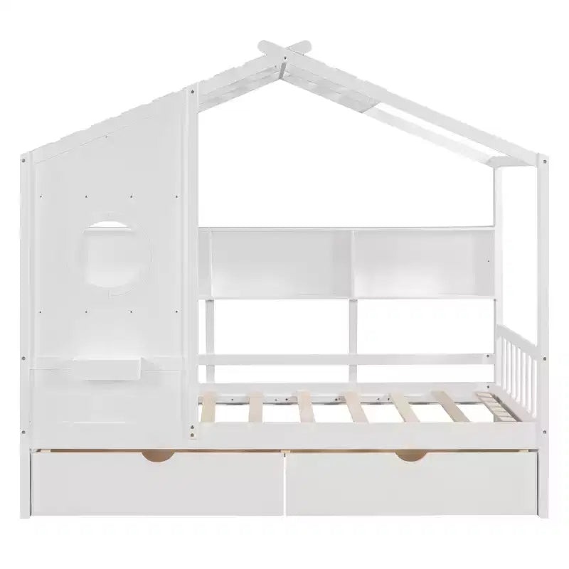 Lit cabane en bois double/complet avec 2 tiroirs, lit pour enfants avec étagère de rangement - ModernLuxe