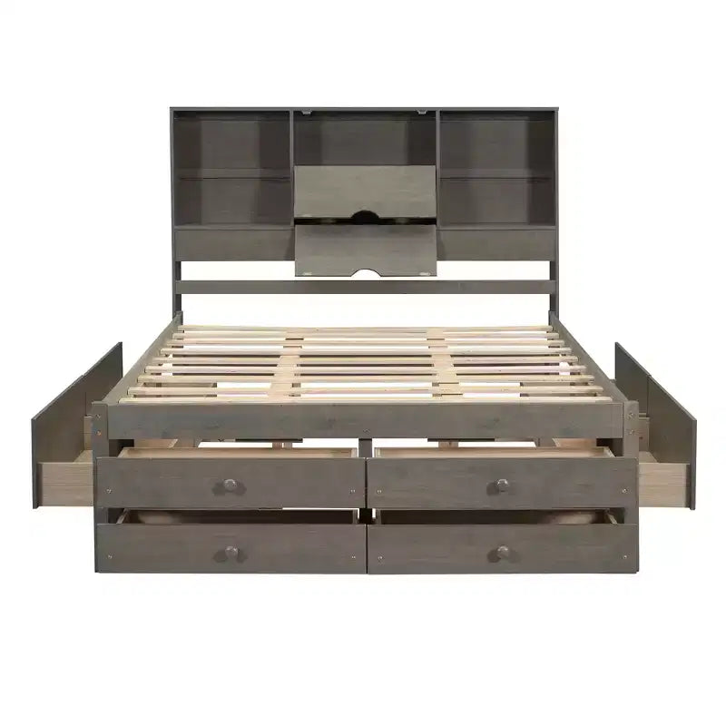 Lit plateforme de taille Queen avec étagère de rangement et 8 tiroirs, montage facile