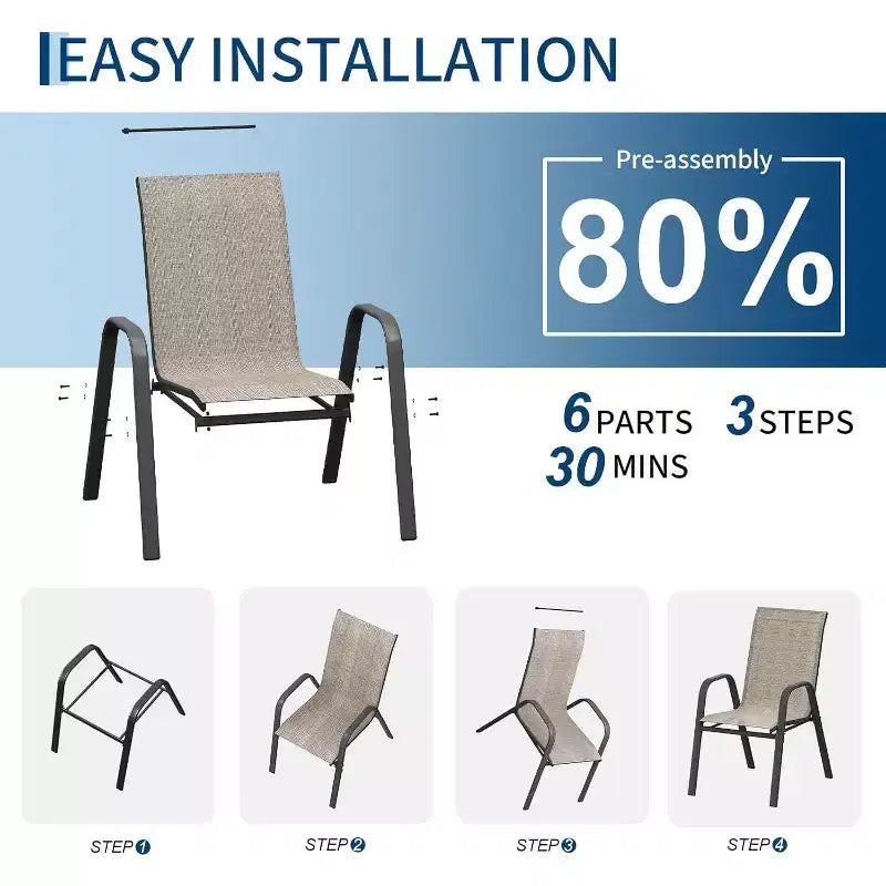 Chaises de patio, Lot de 4/6 chaises de salle à manger empilables d'extérieur en textilène léger résistant aux intempéries avec accoudoirs pour jardin, terrasse de piscine