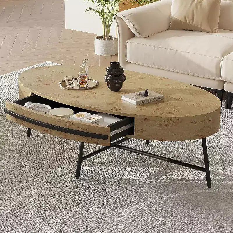 Table basse ovale Acekool avec tiroir, table de rangement en bois 120 cm avec pieds en métal croisés, table basse de style moderne du milieu du siècle en saule naturel et doré