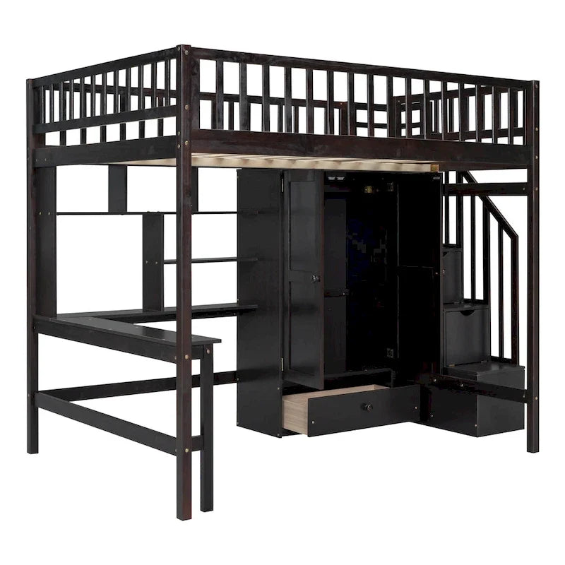 Lit mezzanine en pin avec bureau et rangements