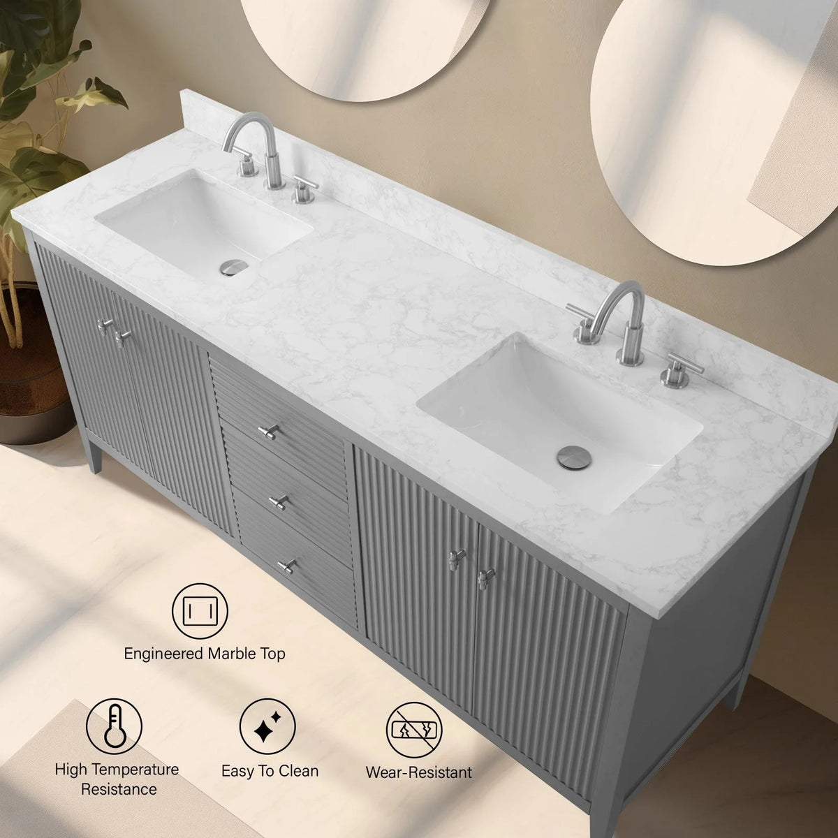 Meuble-lavabo de salle de bain Vanity Art 72 po à double vasque avec dessus en marbre reconstitué
