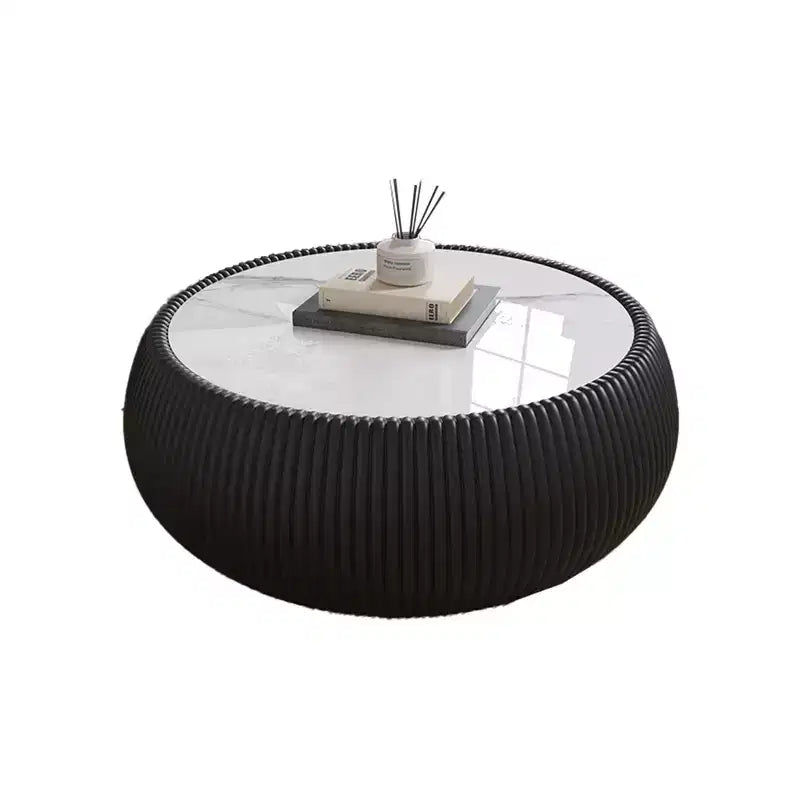 Table basse ronde moderne Okak avec plateau en marbre et côté en cuir, table d'appoint à la mode pour salon, chambre à coucher