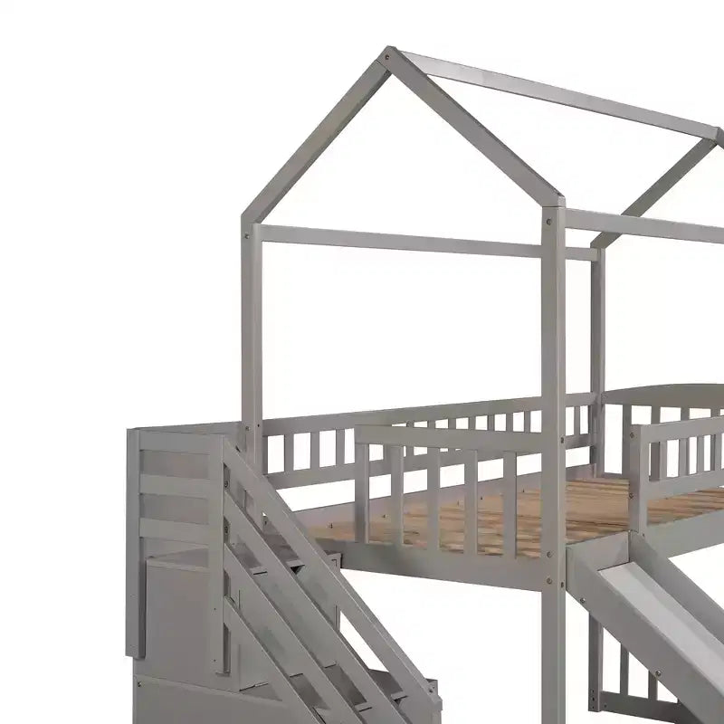 Lit mezzanine jumeau avec toboggan et escalier, lit mezzanine avec tiroirs de rangement, lit mezzanine cabane en bois pour enfants et tout-petits