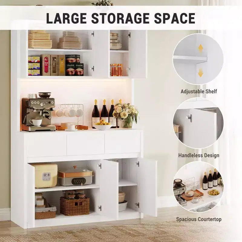 Armoire de cuisine de 71 pouces, vaisselier avec lumières LED et prises de courant, buffet avec support pour micro-ondes, étagères réglables