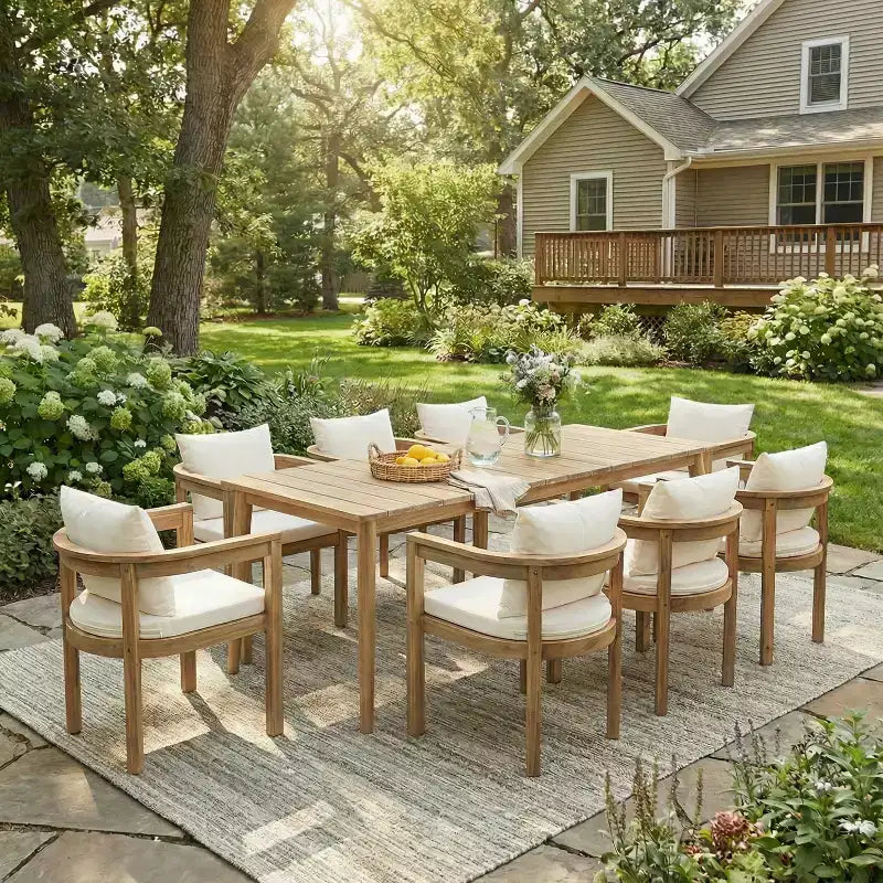 Ensemble de salle à manger d'extérieur rustique Christopher Knight Home Irene 9 pièces en bois d'acacia avec chaises à dossier incurvé et coussins