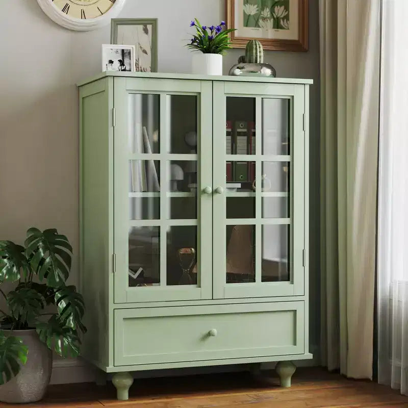 Meuble de rangement, Meuble bas en bois avec 1 tiroir et 2 portes vitrées, Buffet de style rustique avec rangement pour salon