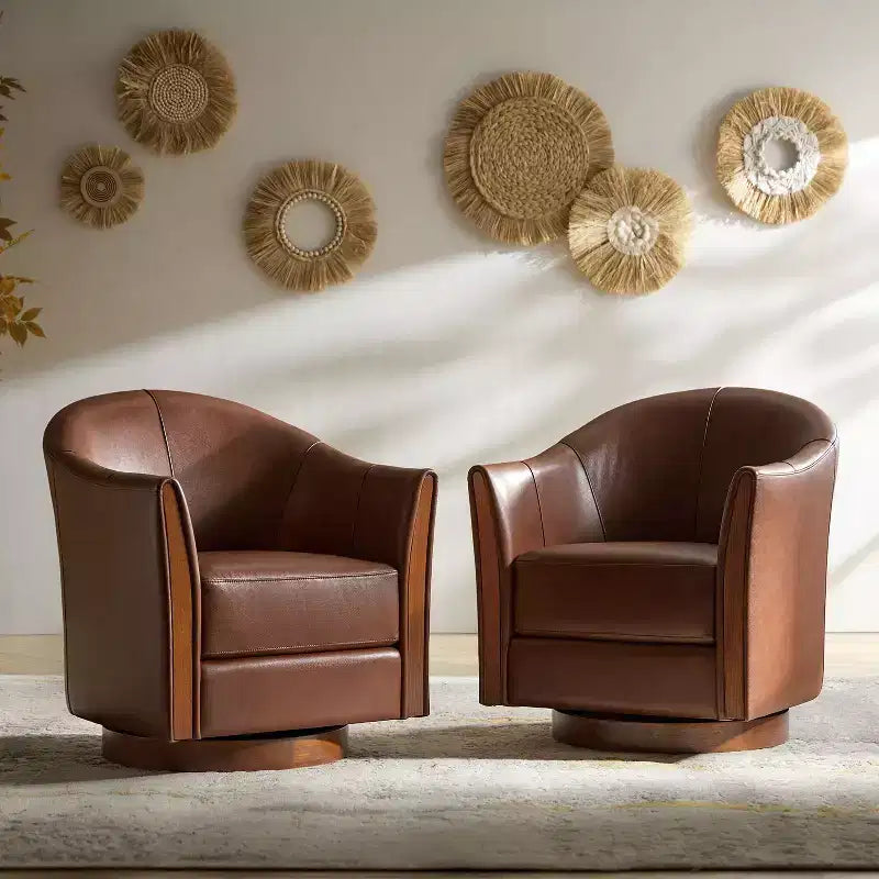 Fauteuil club pivotant en cuir véritable Pocono avec piétement en bois massif, lot de 2Artful Living Design
