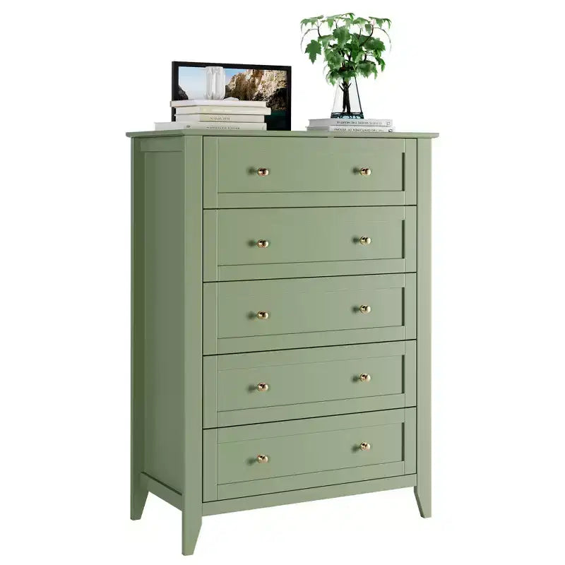 Commode à 5 tiroirs de 108 cm de haut pour chambre à coucher, armoire de rangement en bois avec tiroirs de 30 cm de profondeur et poignées en métal doré, idéale pour l'entrée ou le couloir