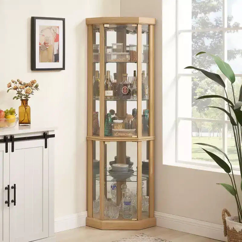 Vitrine d'angle avec portes et étagères en verre, Meuble de présentation d'angle pour salon