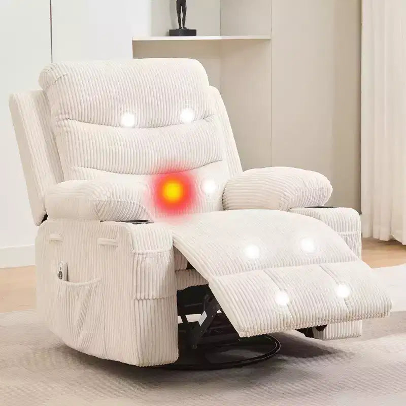 Fauteuil Inclinable Pivotant avec Massage et Chaleur, Fauteuil à Bascule 360° avec Porte-Gobelets et Poches Latérales, Canapé Ergonomique pour Salon, Camping-car, Chambre de Bébé