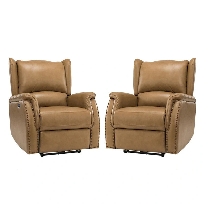 Fauteuil inclinable électrique en cuir véritable avec port USB – Dossier à oreilles clouté, ensemble de 2