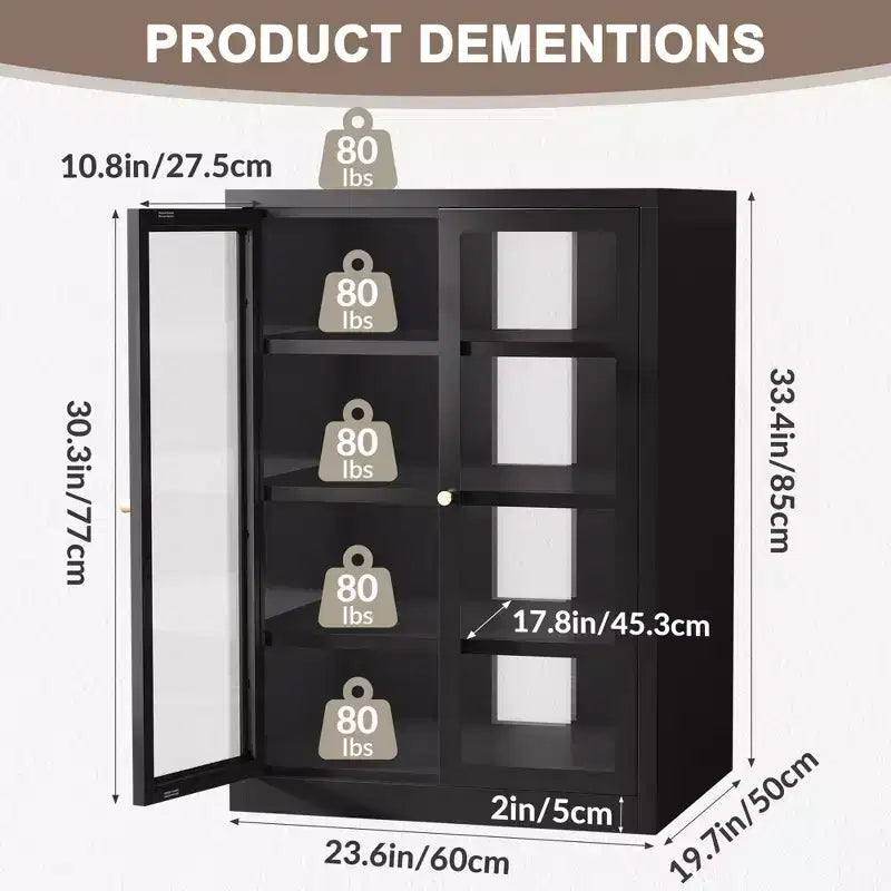 Meuble de rangement pour médias Bekrvio Metal, meuble stéréo à 4 niveaux avec portes en verre et étagères réglables, support audio AV avec gestion des câbles