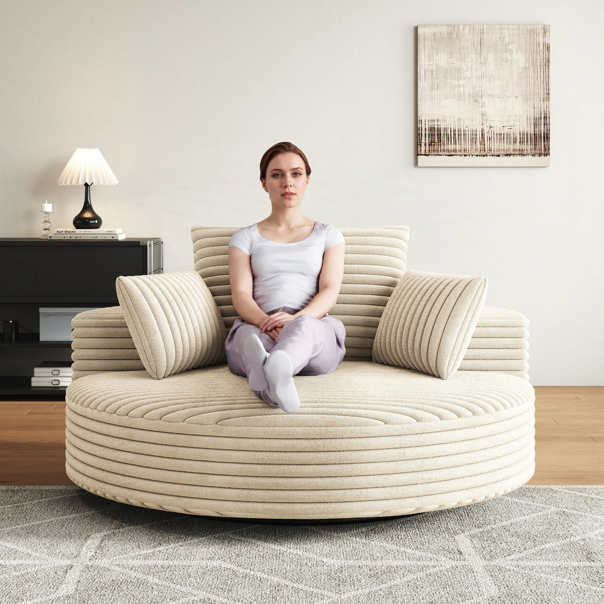 Fauteuil pivotant simple en velours côtelé et chenille avec rembourrage en mousse
