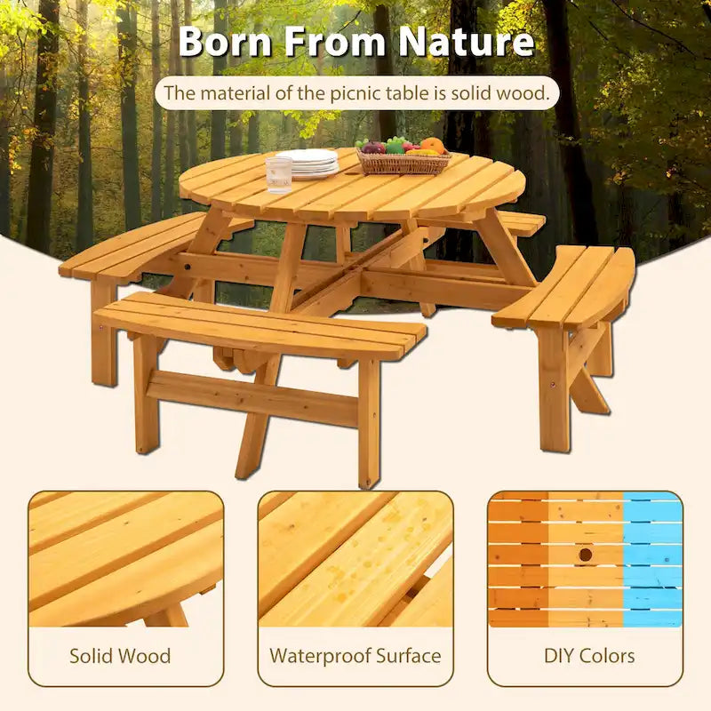 Ensemble de salle à manger rond en bois de sapin pour patio extérieur 8 personnes avec 4 bancs intégrés et trou pour parasol