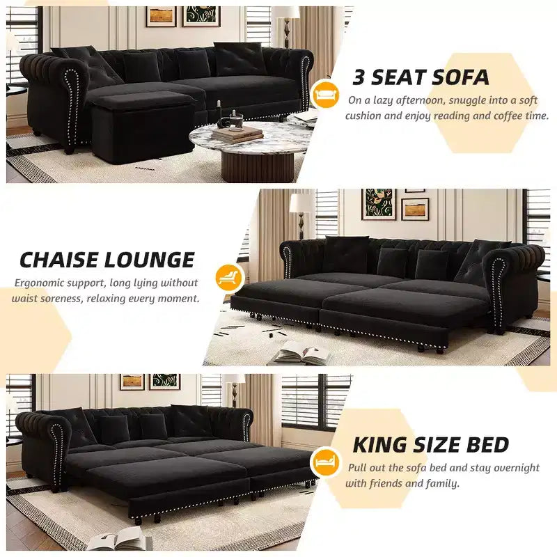 Canapé-lit gigogne 3-en-1 King Size Whisen Velvet et canapé convertible avec pouf mobile, design capitonné