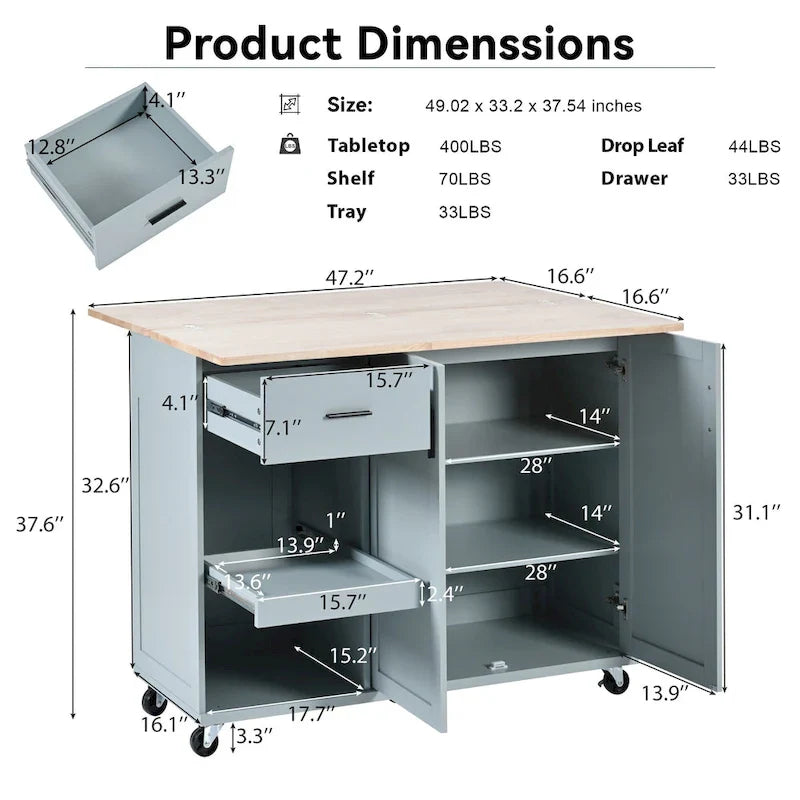 Îlot de cuisine avec plan de travail pliable, desserte de rangement de cuisine avec étagère coulissante, porte-serviettes et tiroir, roulettes.